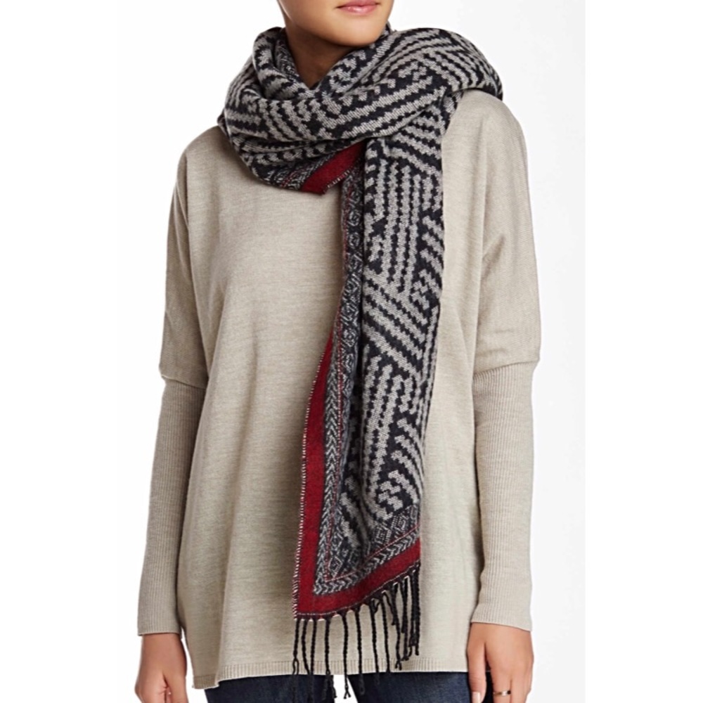 Printed Fringe Wrap In Black & Burgundy